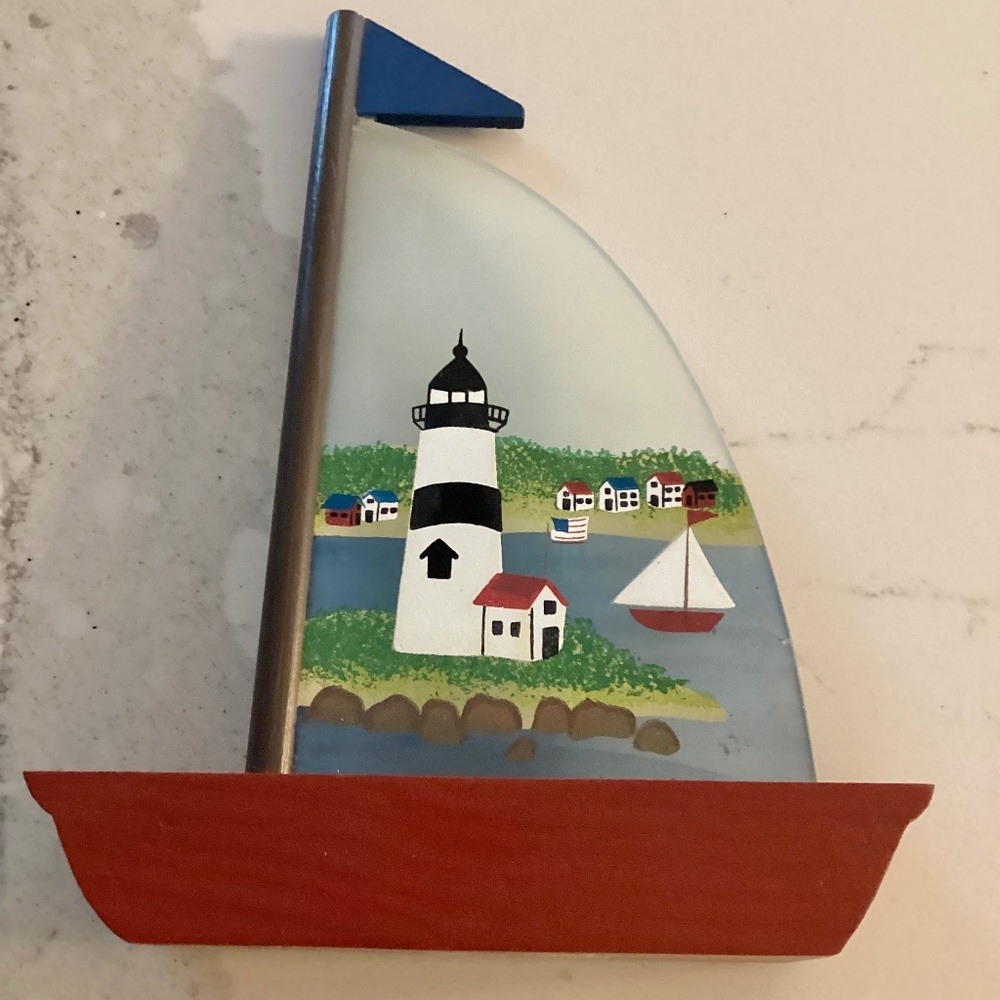 Hand painted Lighthouse boat sculpture wood & glass